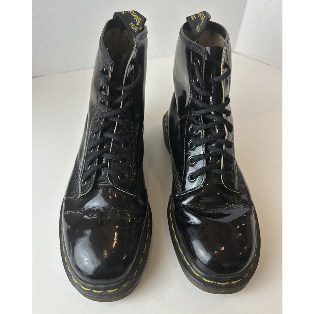 Doc Dr. Martens Shiny Patent Leather Boots Black Lace Sz 8 Moto Grunge *Flawed - Picture 5 of 16